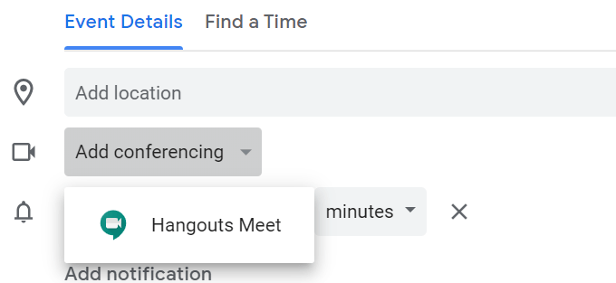 Click Add conferencing and then Hangouts Meet under Event Details to add conferencing to a calendar invite
