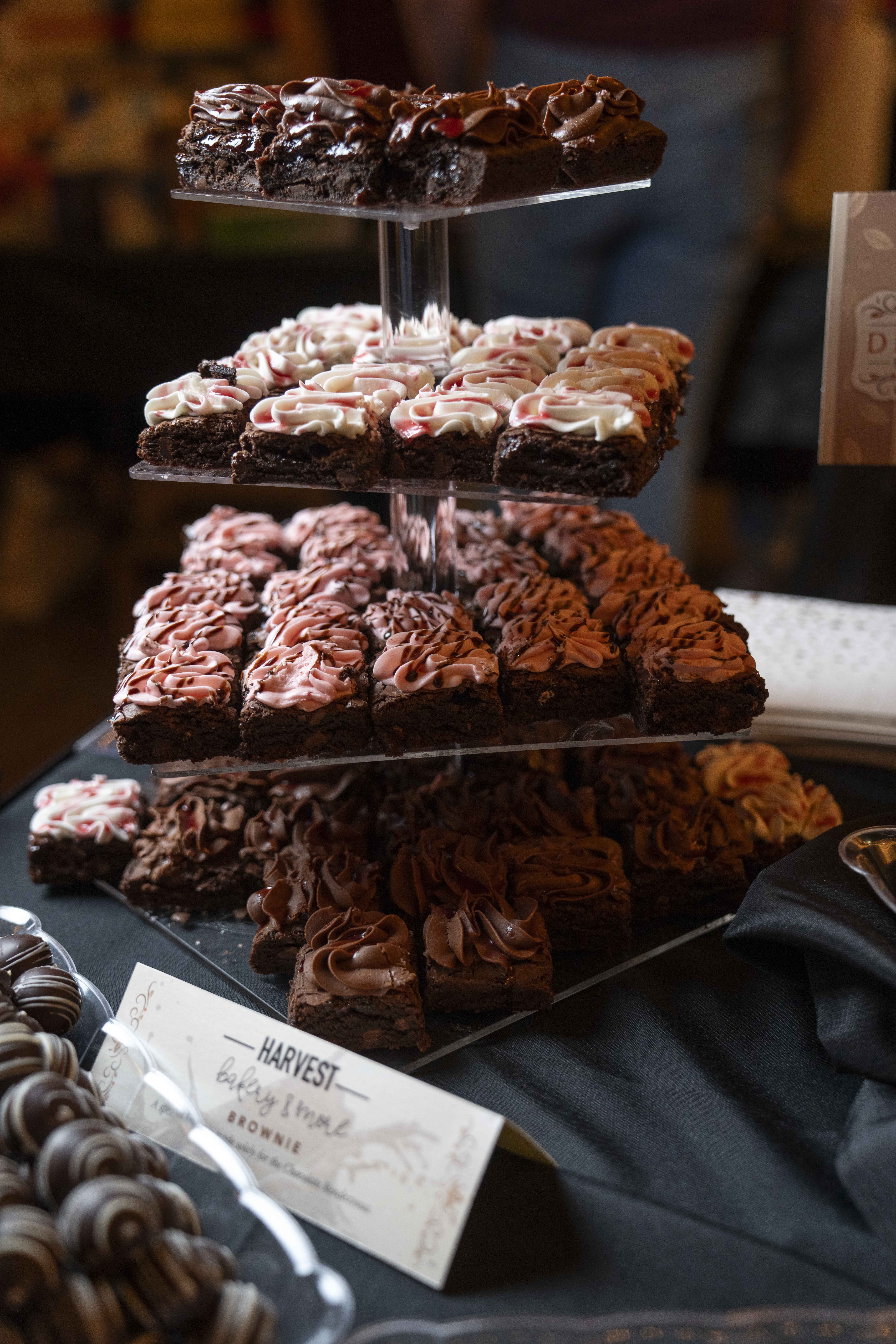Tiered rack of Harvest Bakery and More chocolate brownies.