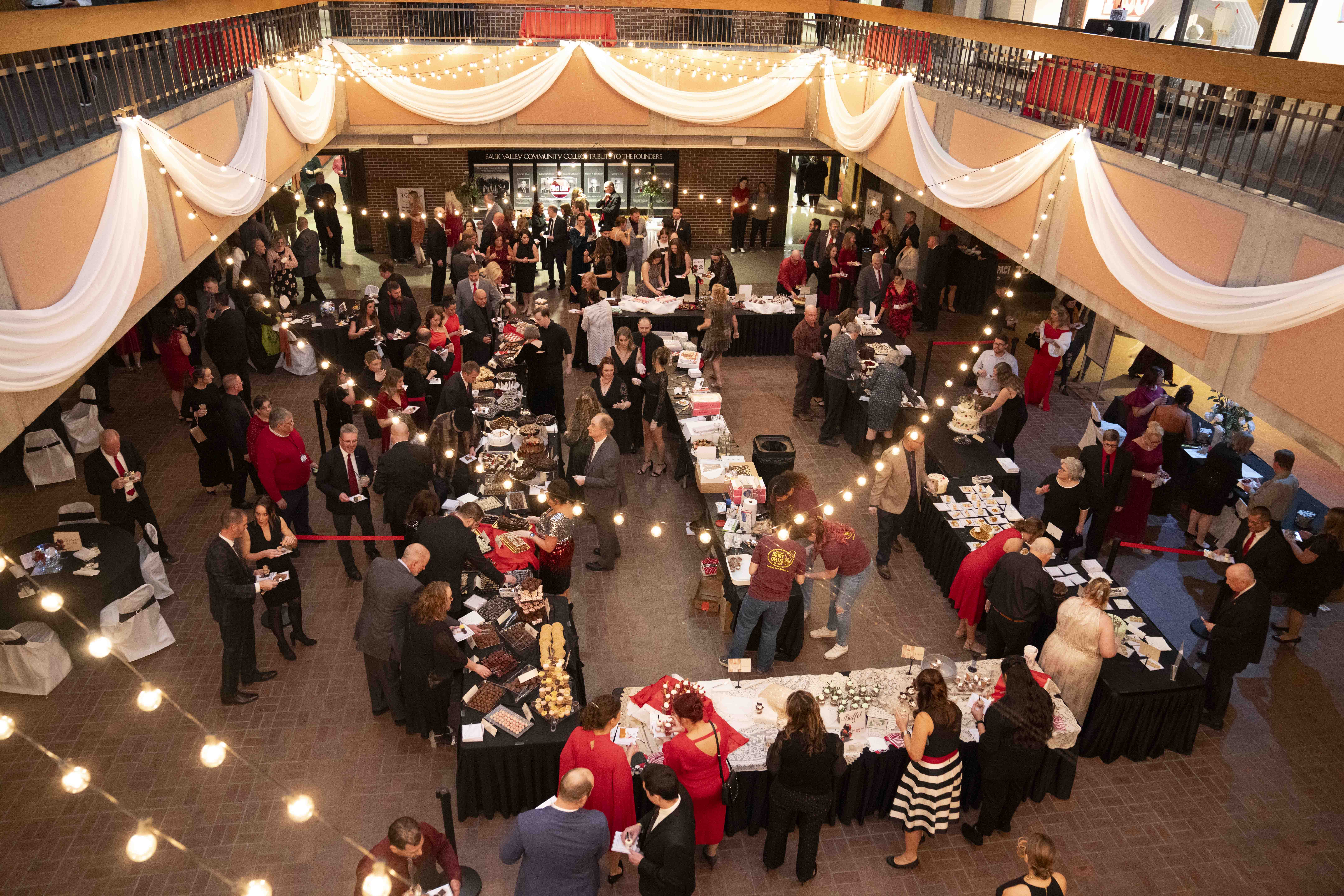 Chocolate Rendezvous guests and various desserts are visible in this aerial view of the Dillon Mall.