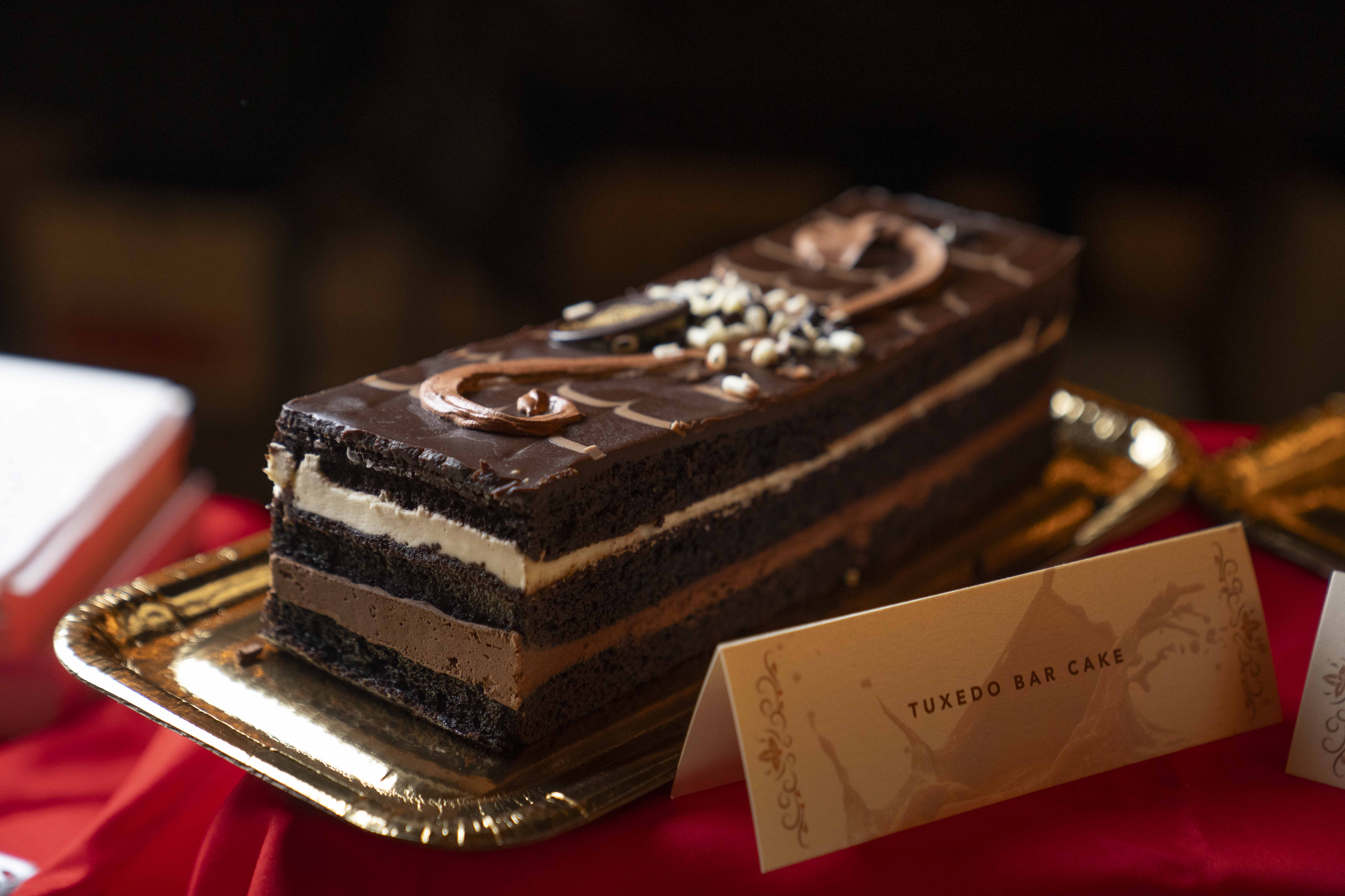 Close-up of a Tuxedo Bar Cake.