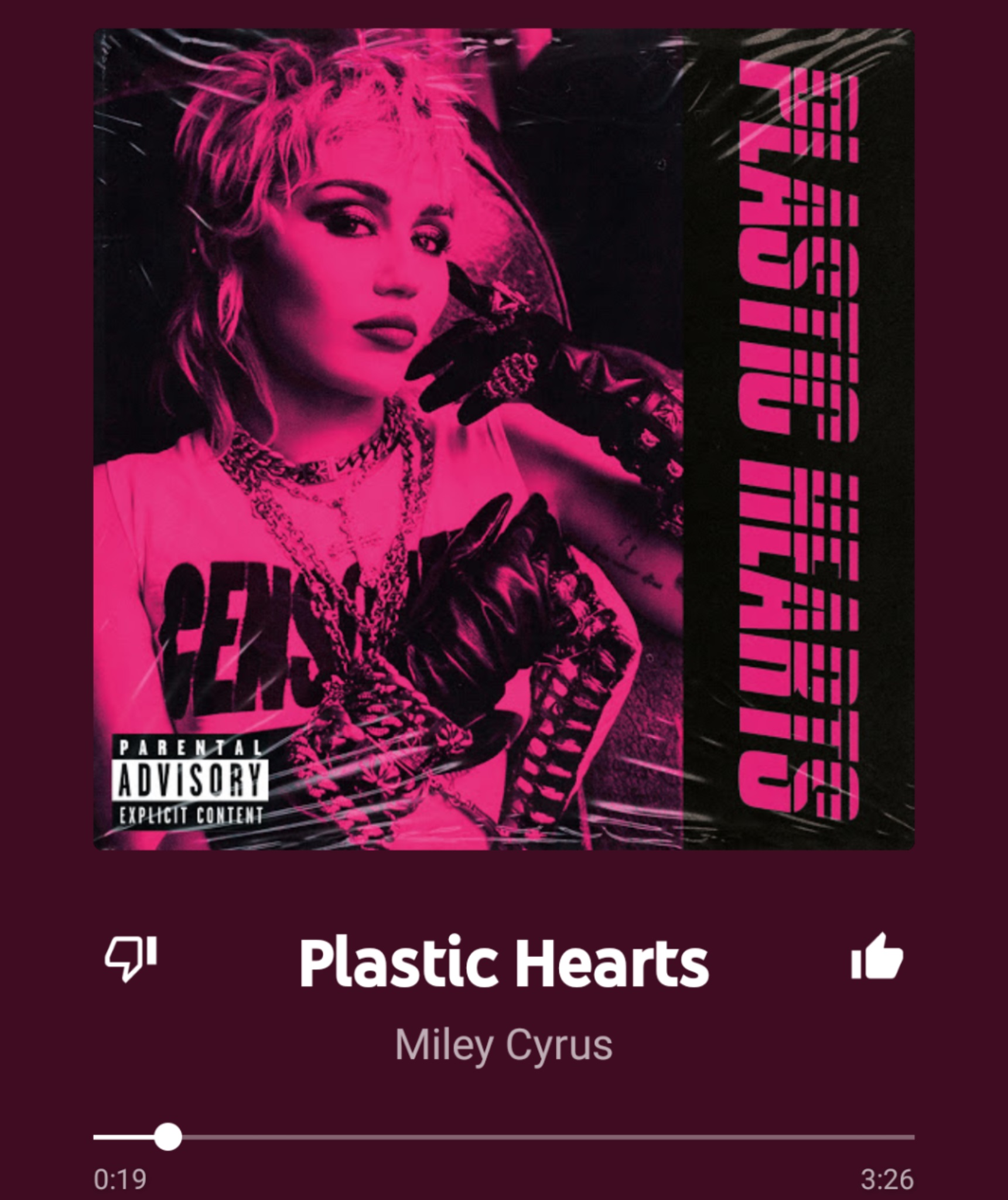 Plastic Hearts by Miley Cyrus is streaming on all music streaming platforms. Featured above is YouTube Music.