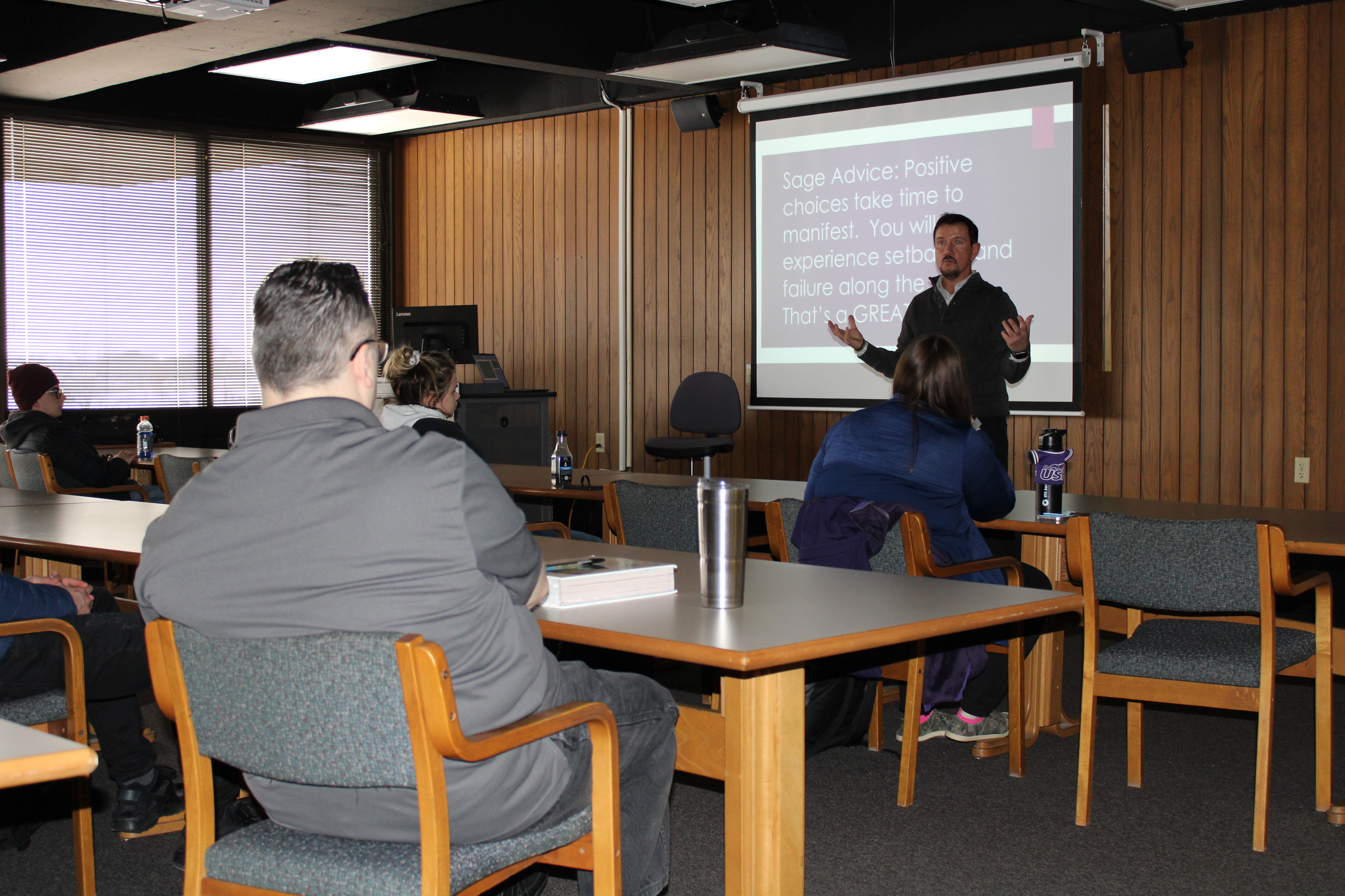 Guest speaker RJ GaBaldon talking to members of the Business Club at Sauk Valley Community College