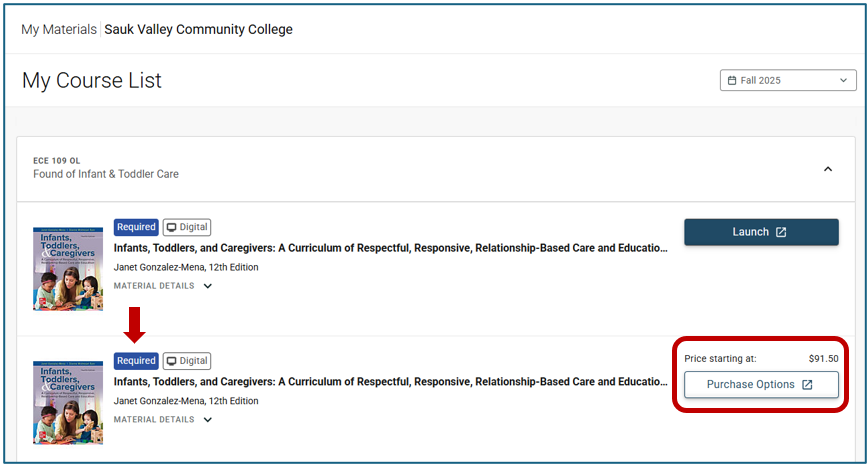 Image showing 'My Materials' in Cavas with an arrow pointing to the 'Required' tag and 'Purchase Options' circled to the right.